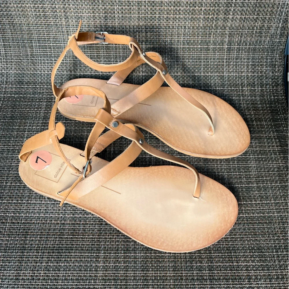 Women’s Tan Leather T-Strap Sandals